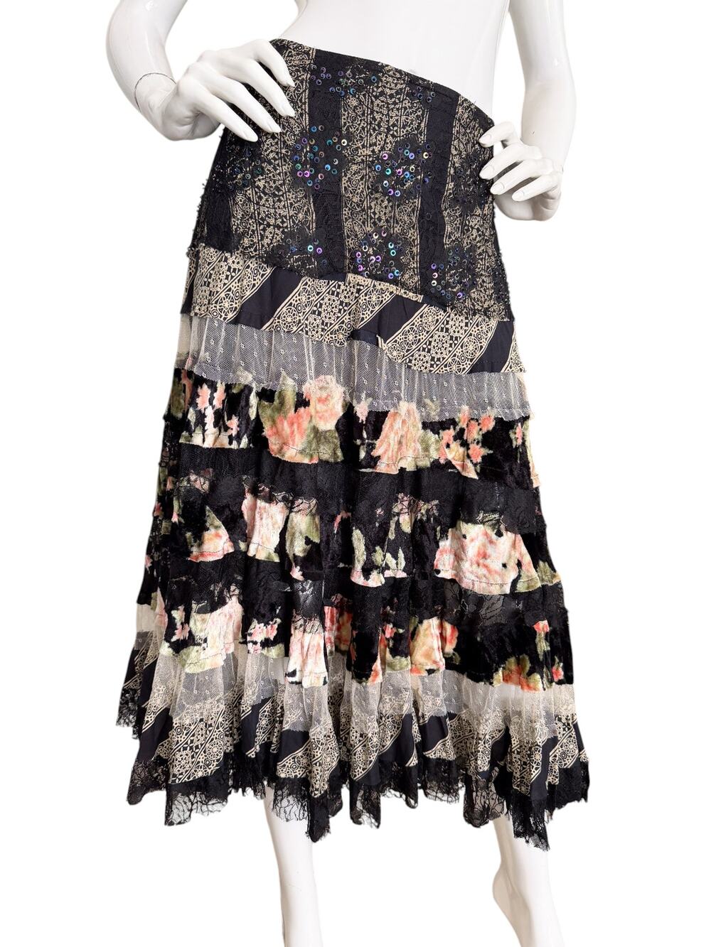 Alberto Makali Tiered Velvet Lace Skirt Whimsigoth 90s Grunge Fairy Broomstick